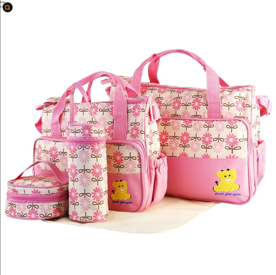 5PCS Baby Nappy Diaper Bags Set Mummy Diaper Shoulder Bags W Nappy Changing Pad Insulated Pockets Travel Tote Bags