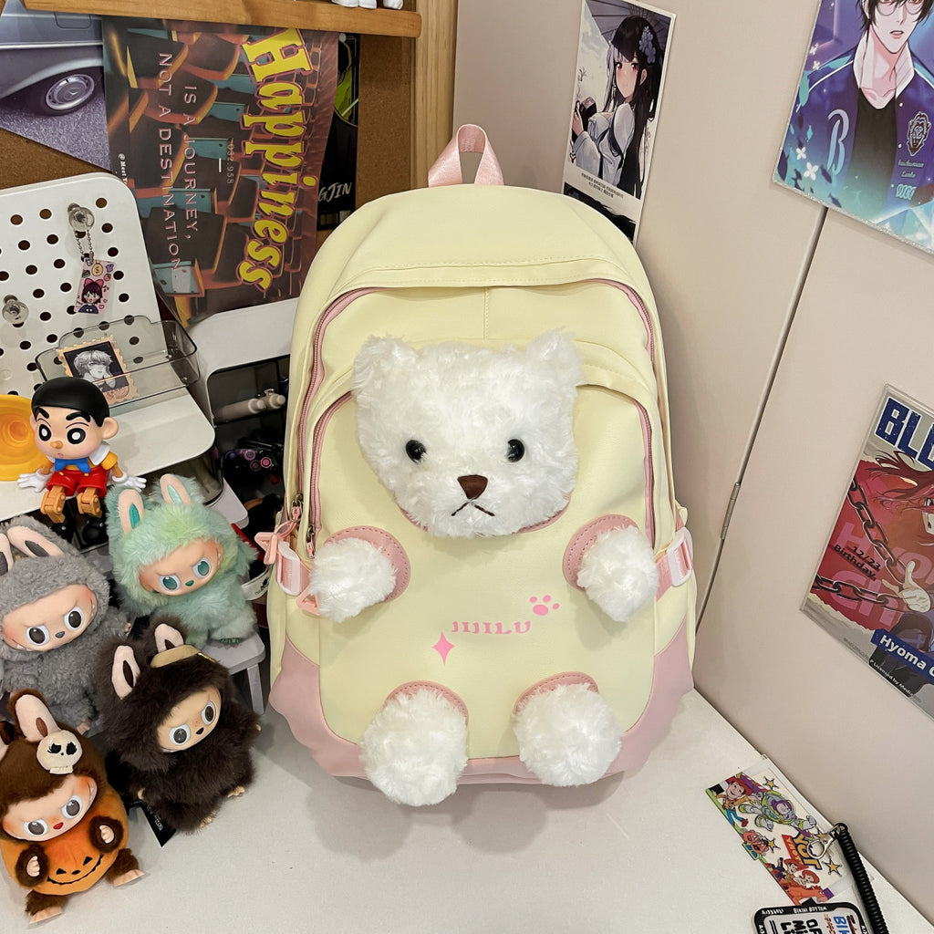 New cute little bear backpack, high-appearance cartoon plush plush plush schoolbag, girls' middle and high school students' backpack