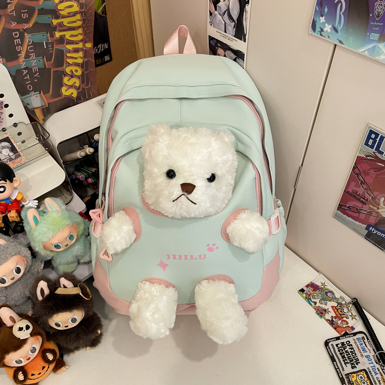 New cute little bear backpack, high-appearance cartoon plush plush plush schoolbag, girls' middle and high school students' backpack