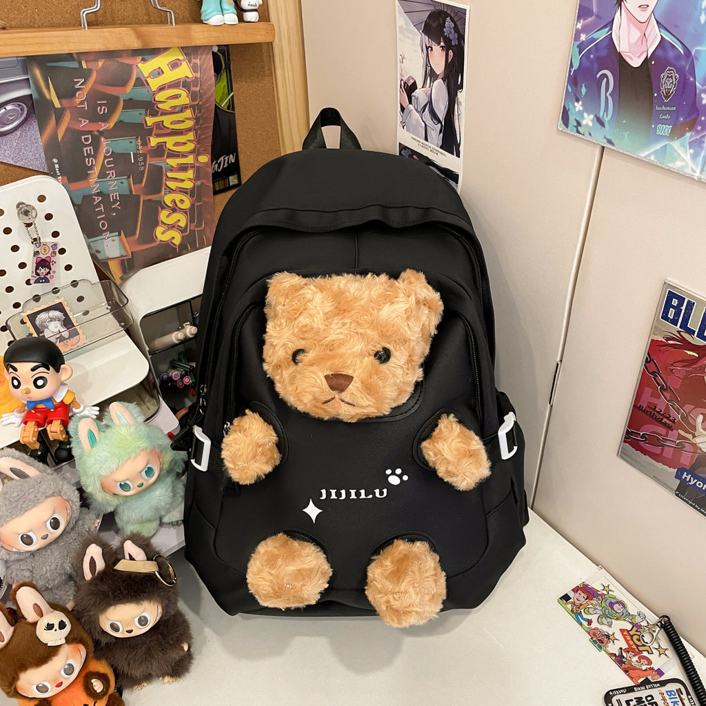 New cute little bear backpack, high-appearance cartoon plush plush plush schoolbag, girls' middle and high school students' backpack