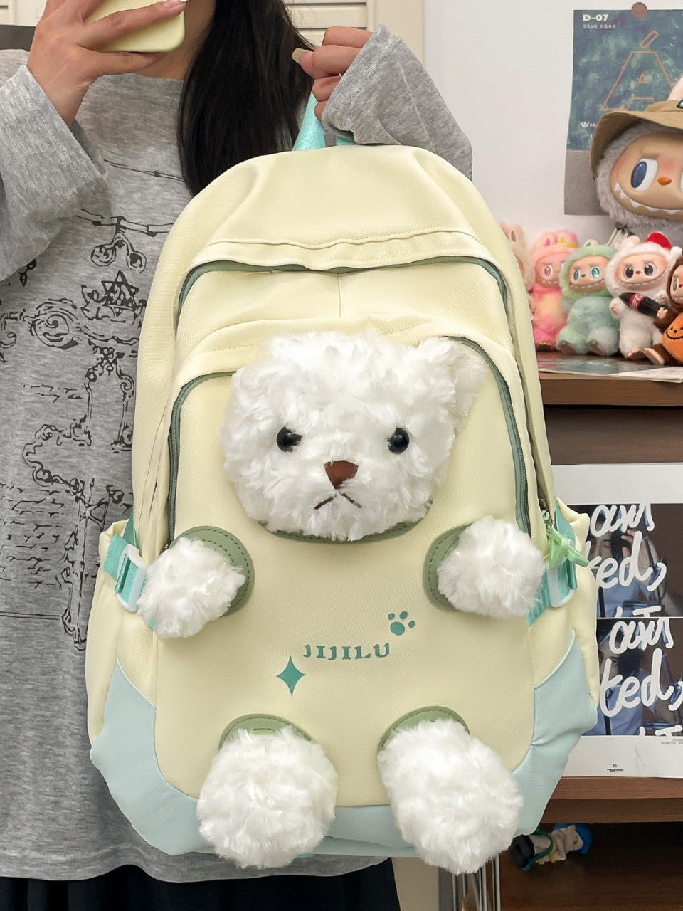 New cute little bear backpack, high-appearance cartoon plush plush plush schoolbag, girls' middle and high school students' backpack