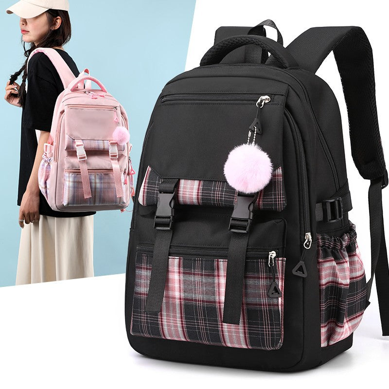New student backpack for women, Korean style forest style fresh middle school student solid color simple multi-layer laptop backpack