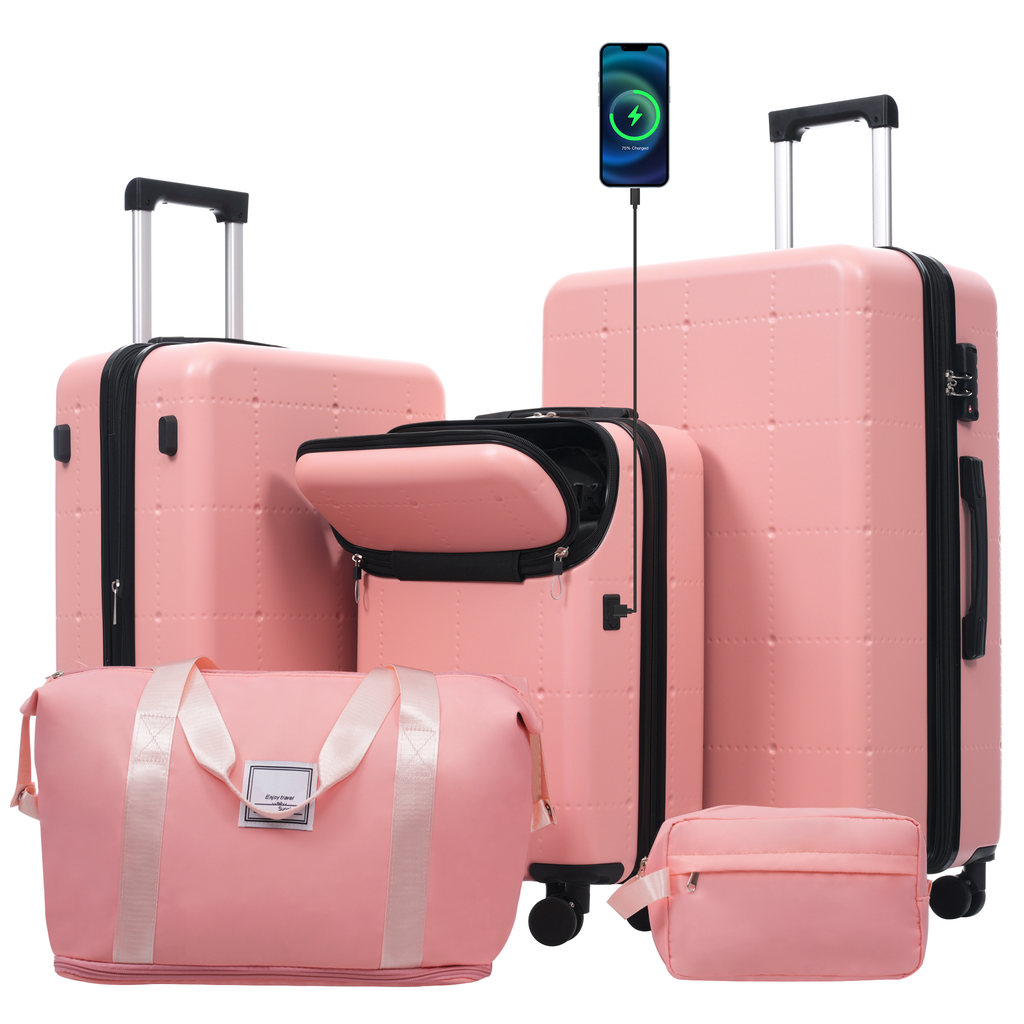 Hardside Luggage Set 5 Piece With Bags,20IN Half-opening Carry On Luggage With USB Port, Expandable 24IN 28IN Luggage With Double Spinner Wheels TSA Lock