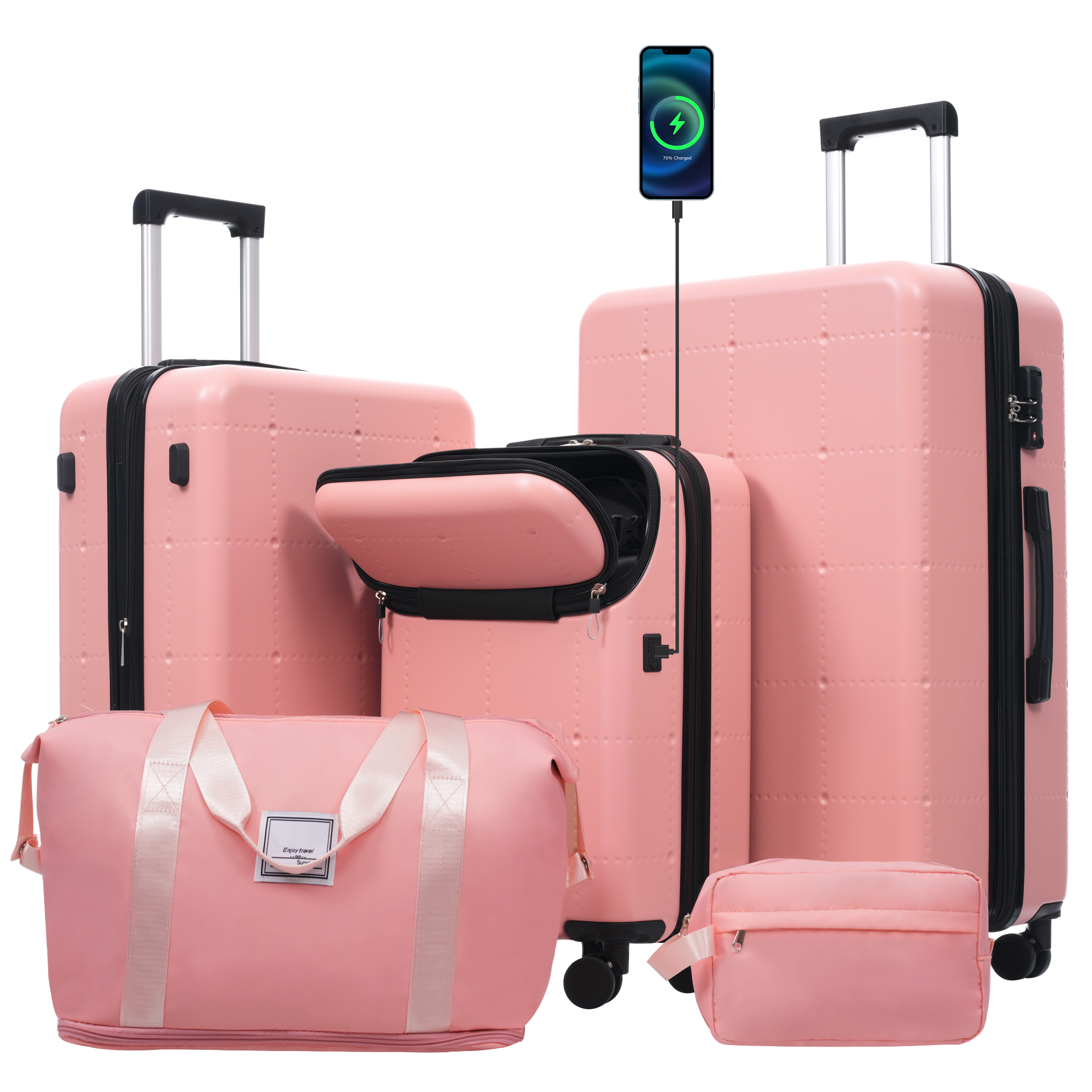 Hardside Luggage Set 5 Piece With Bags,20IN Half-opening Carry On Luggage With USB Port, Expandable 24IN 28IN Luggage With Double Spinner Wheels TSA Lock