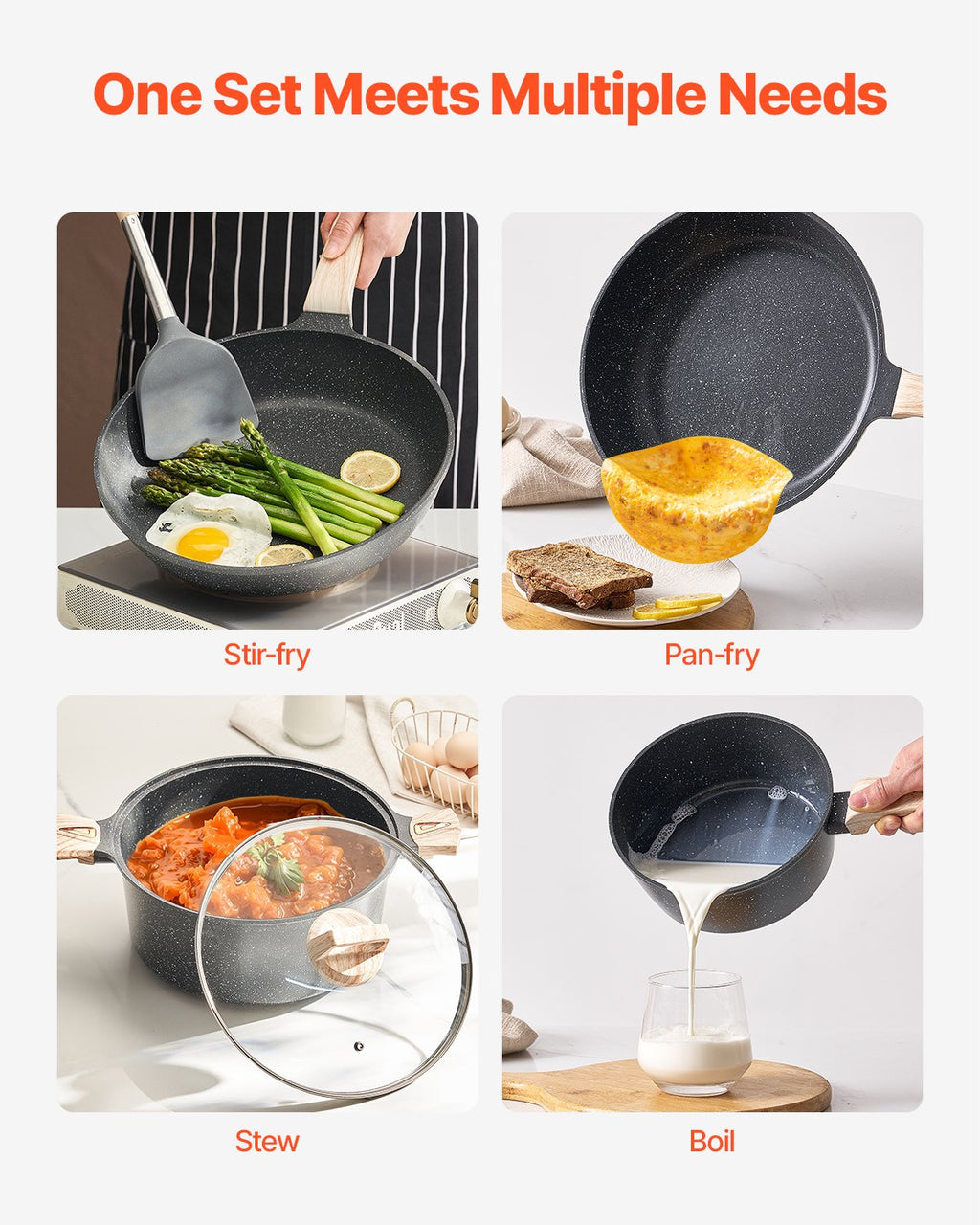 19 Piece Pots And Pans Set Granite Nonstick Kitchen Cookware Induction Black