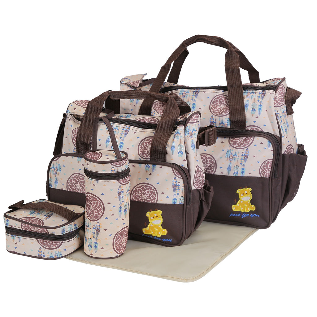 5Pcs Baby Nappy Diaper Bags Set Mummy Diaper Handbags With Diaper Pad Food Bag Bottle Bag Travel Tote Bags For Mom Dad