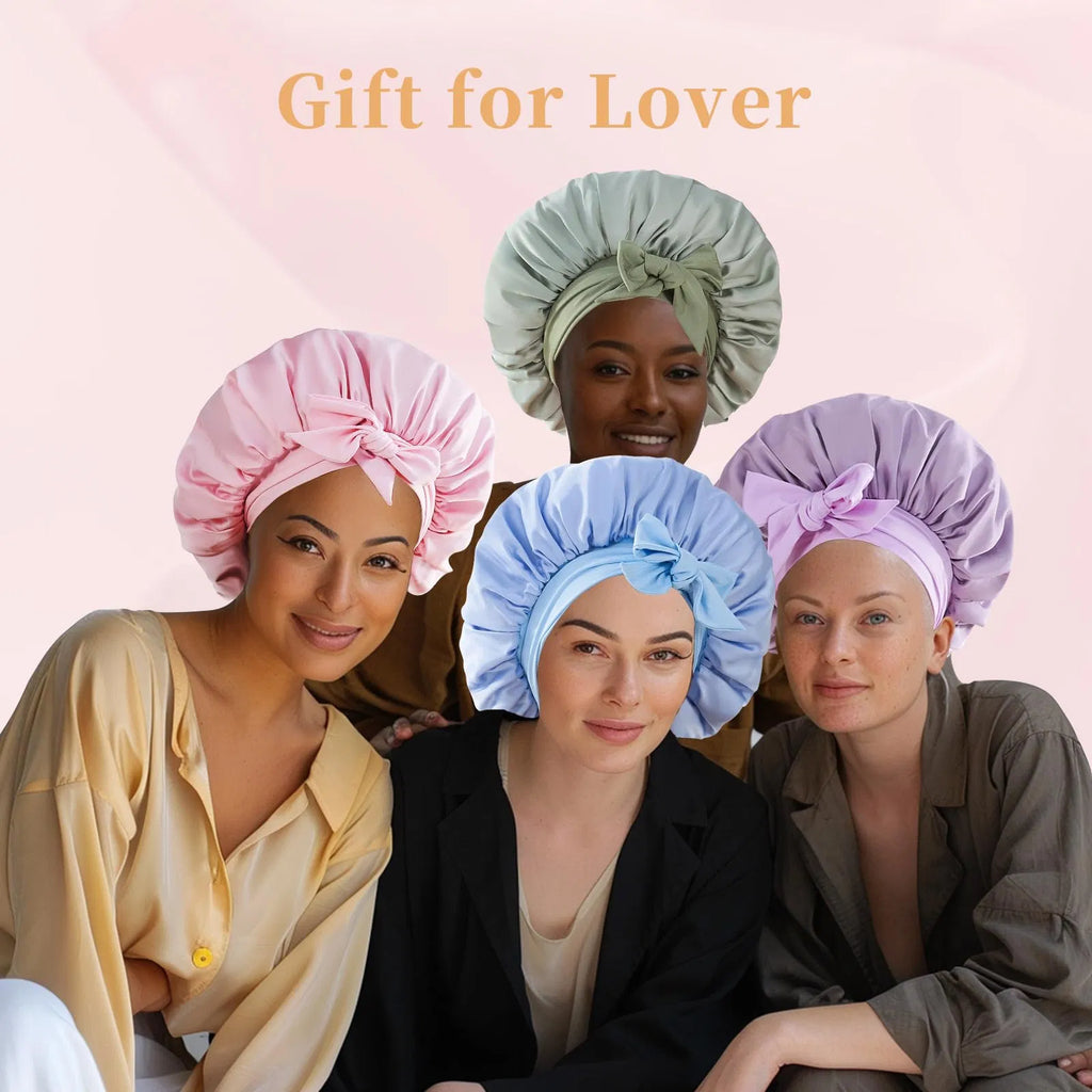 Silk Bonnet For Sleeping Women, Satin Hair Bonnet For Sleeping For Wavy Curly Natural Hair Women Men - Black