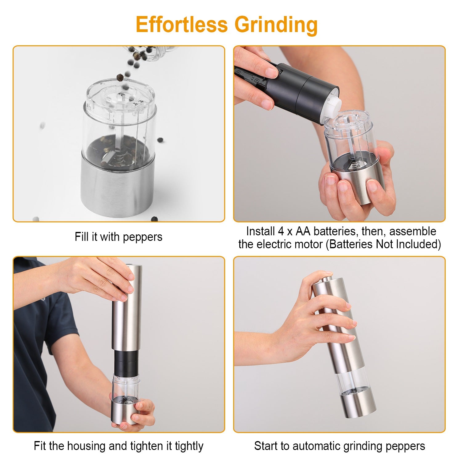 1Pc Electric Salt Pepper Grinder With Light Adjustable Coarseness Stainless Steel Salt Pepper Shaker Battery Operated Pepper Grinder Mill Easy Refill And Clean For Kitchen Preparing