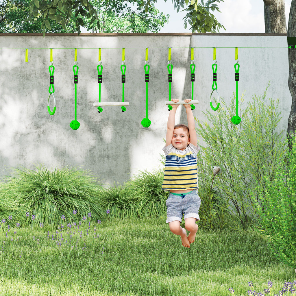 7-Piece Kids Zip Line Kit For Garden, 10m Kids Slackline Kit With Wooden Monkey Bars, Metal Rings, Gripping Balls, Green
