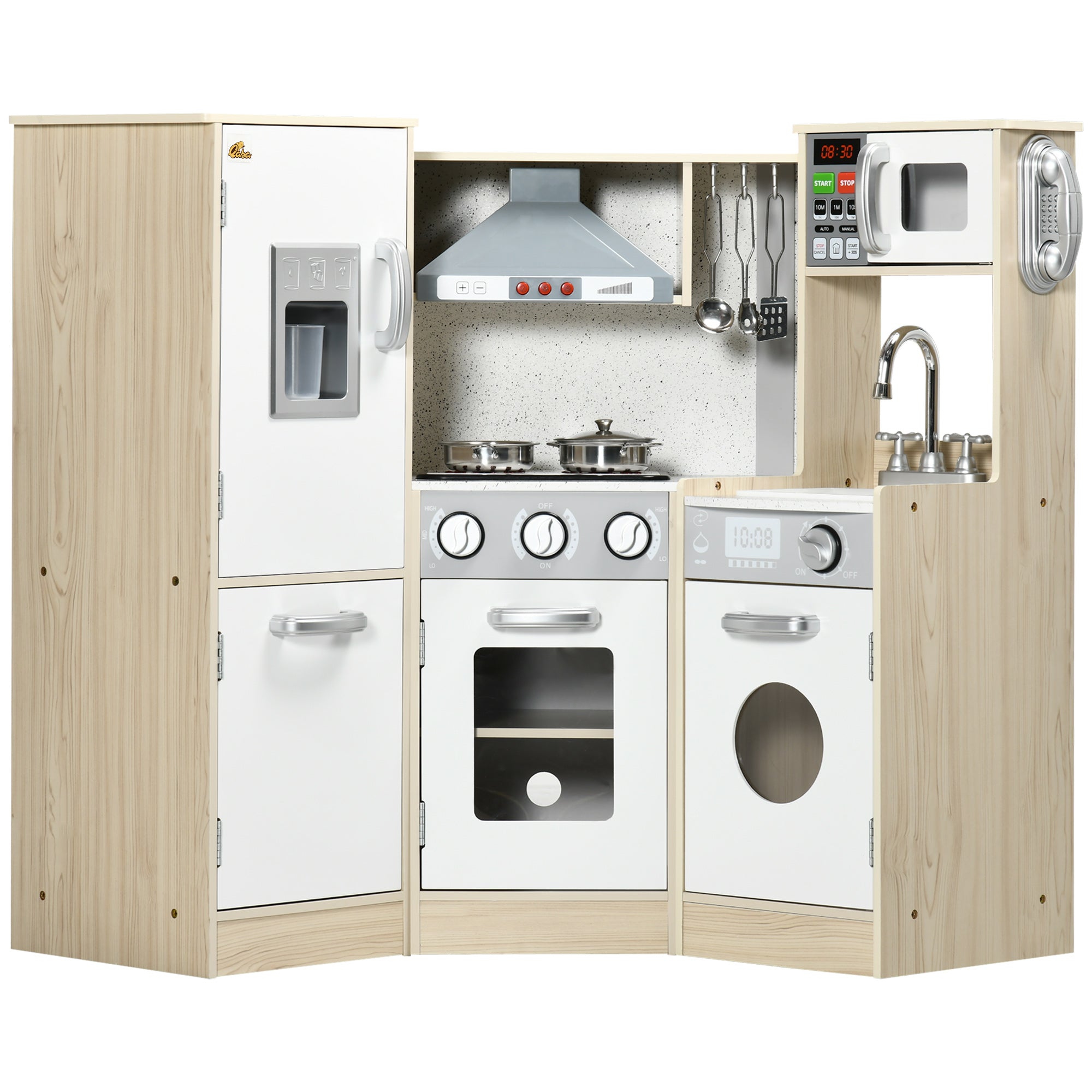 Ultra-Big Corner Kids Kitchen Playset with Sound Effects, Wooden Play Kitchen  with Stainless Steel Cooking Toys, Imaginative Pretend Toy for Ages 3-6 with Phone, Ice Maker