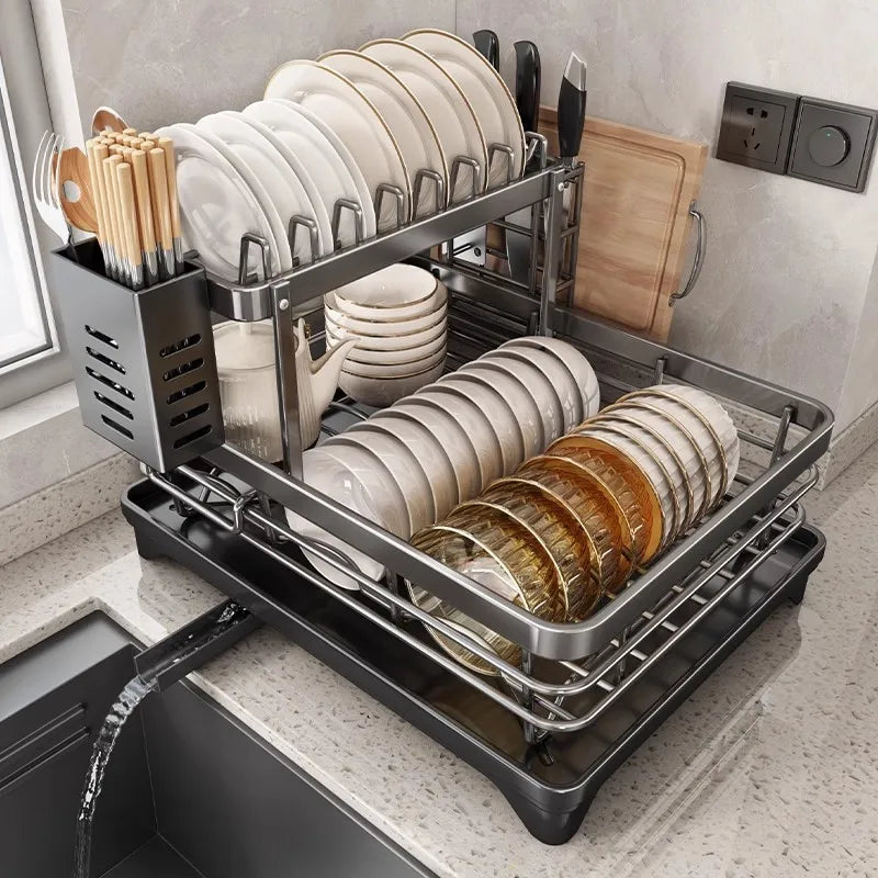 Dish Drying Rack Kitchen Adjustable Steel 2 Tier Plates Organizer Dish Bowl Drainer Storage Rack Kitchen Utensils