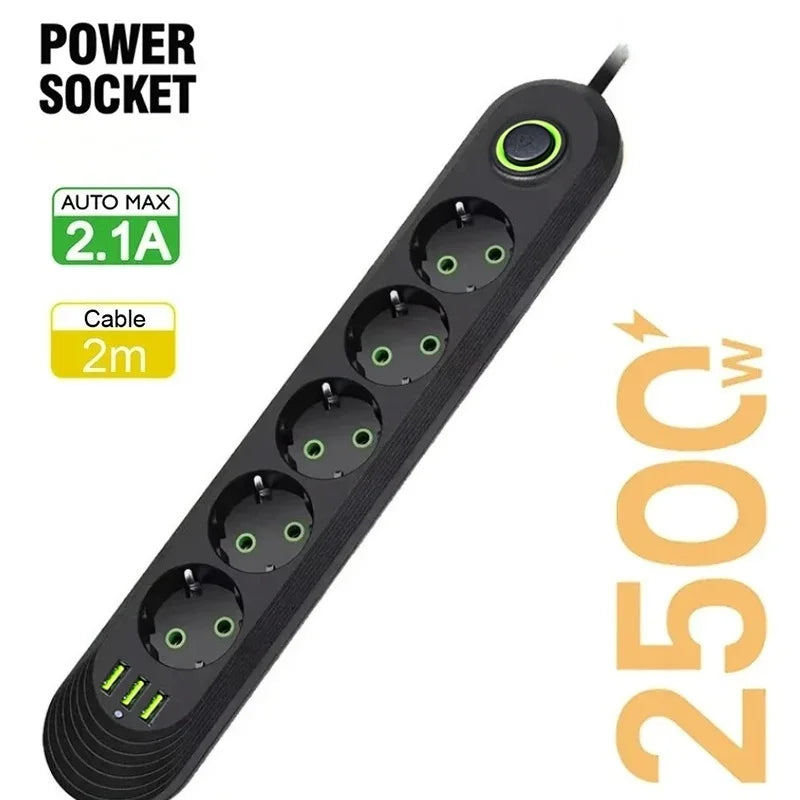 2M Cable EU Plug Power Strip with 3 USB Socket Network Filter Round Pin AC Outlet Ports Extension Cord Electrical Charge Adapter