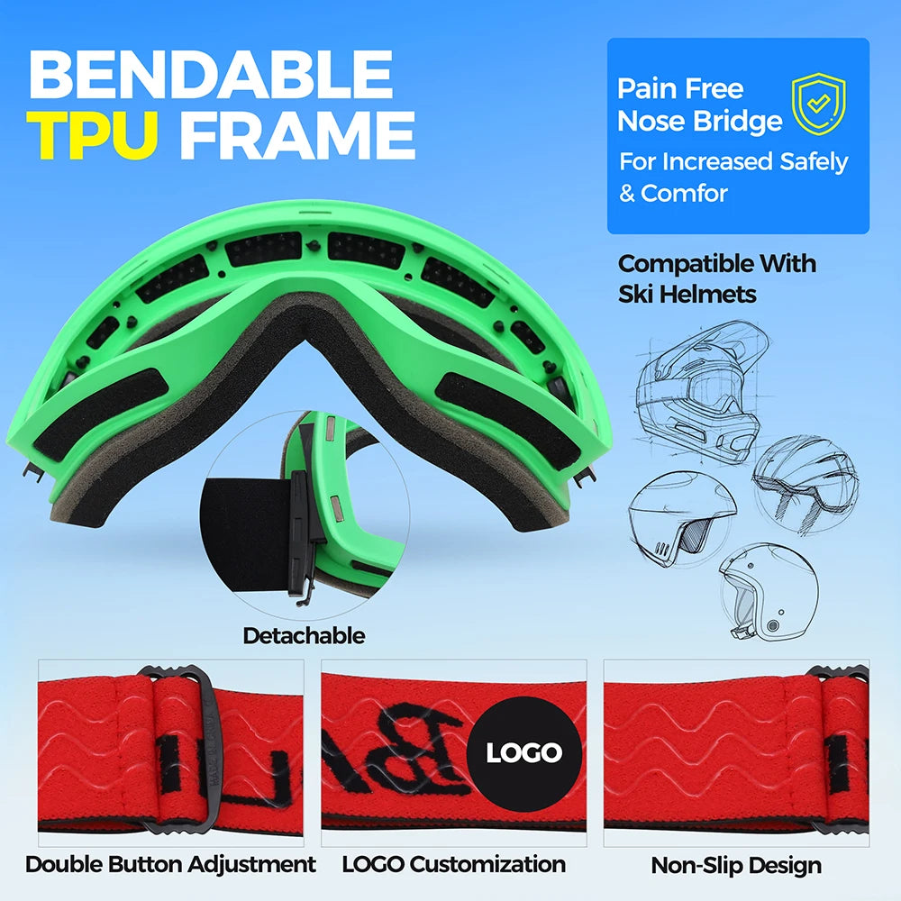 Ski Goggles UV Protection Super Elastic Adjustable Sports Glasses for Outdoor Snow Blindness Fog Prevention
