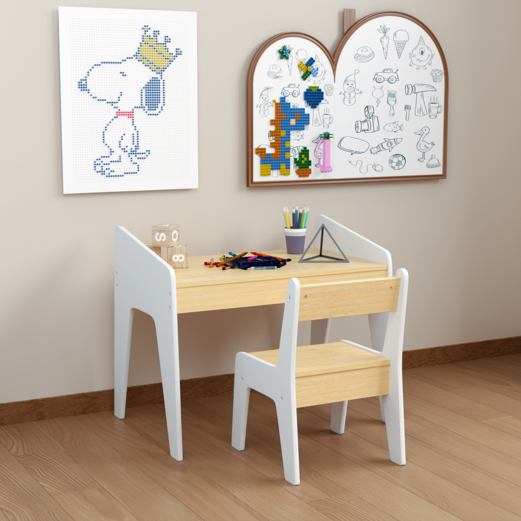 Kids Table Set With One Chair, Wooden Children Study Table, 2-8  Age Kids Funiture , White Natural