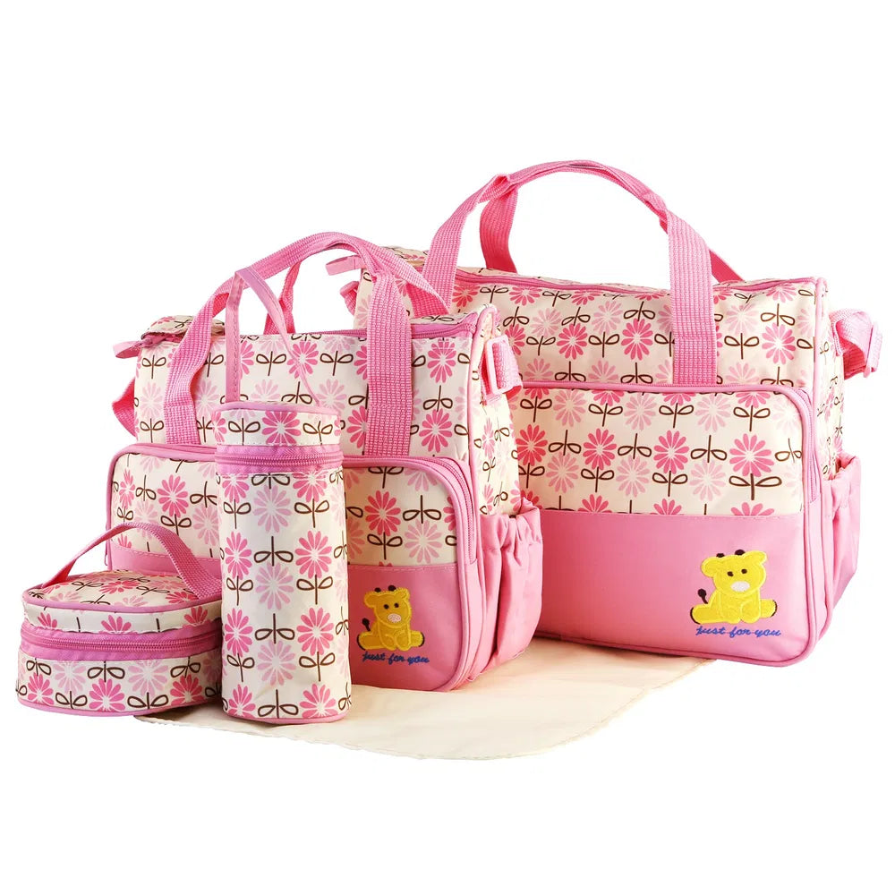 5PCS Baby Nappy Diaper Bags Set Mummy Diaper Shoulder Bags W/ Nappy Changing Pad Insulated Pockets Travel Tote Bags