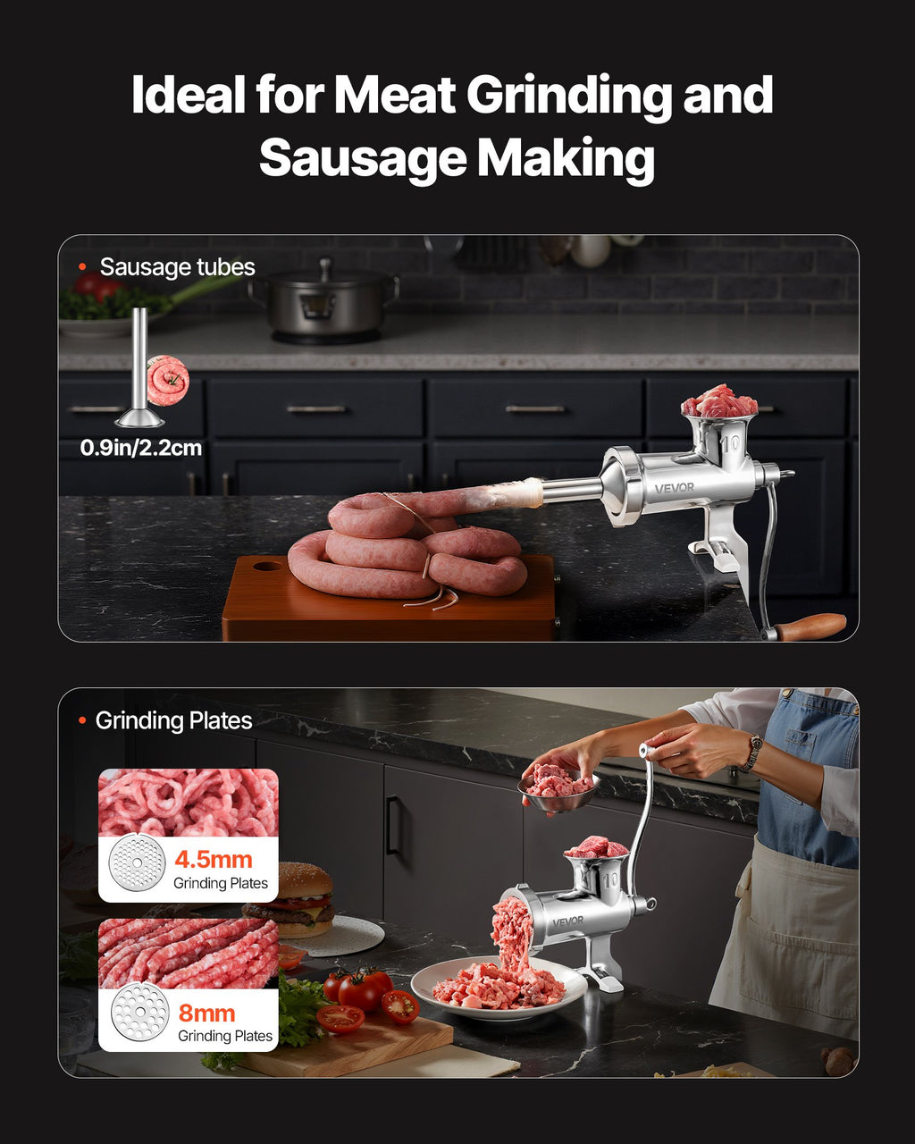 Manual Meat Grinder, All Parts Stainless Steel, Hand Operated Meat Grinding Machine With Tabletop Clamp, 2 Grinding Plates & Sausage Stuffer, Ideal For Home Kitchen Restaurant Butcher’s Shop