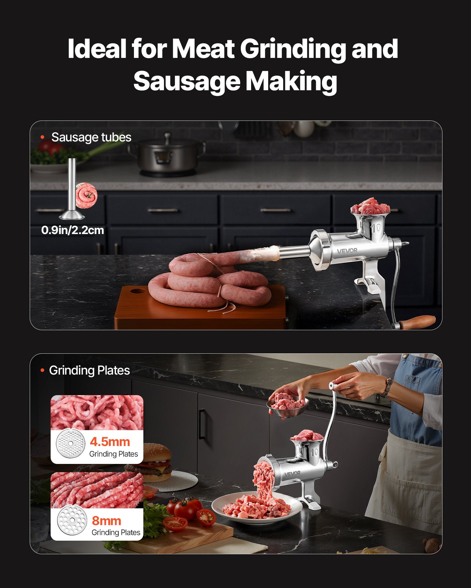 Manual Meat Grinder, All Parts Stainless Steel, Hand Operated Meat Grinding Machine With Tabletop Clamp, 2 Grinding Plates & Sausage Stuffer, Ideal For Home Kitchen Restaurant Butcher’s Shop