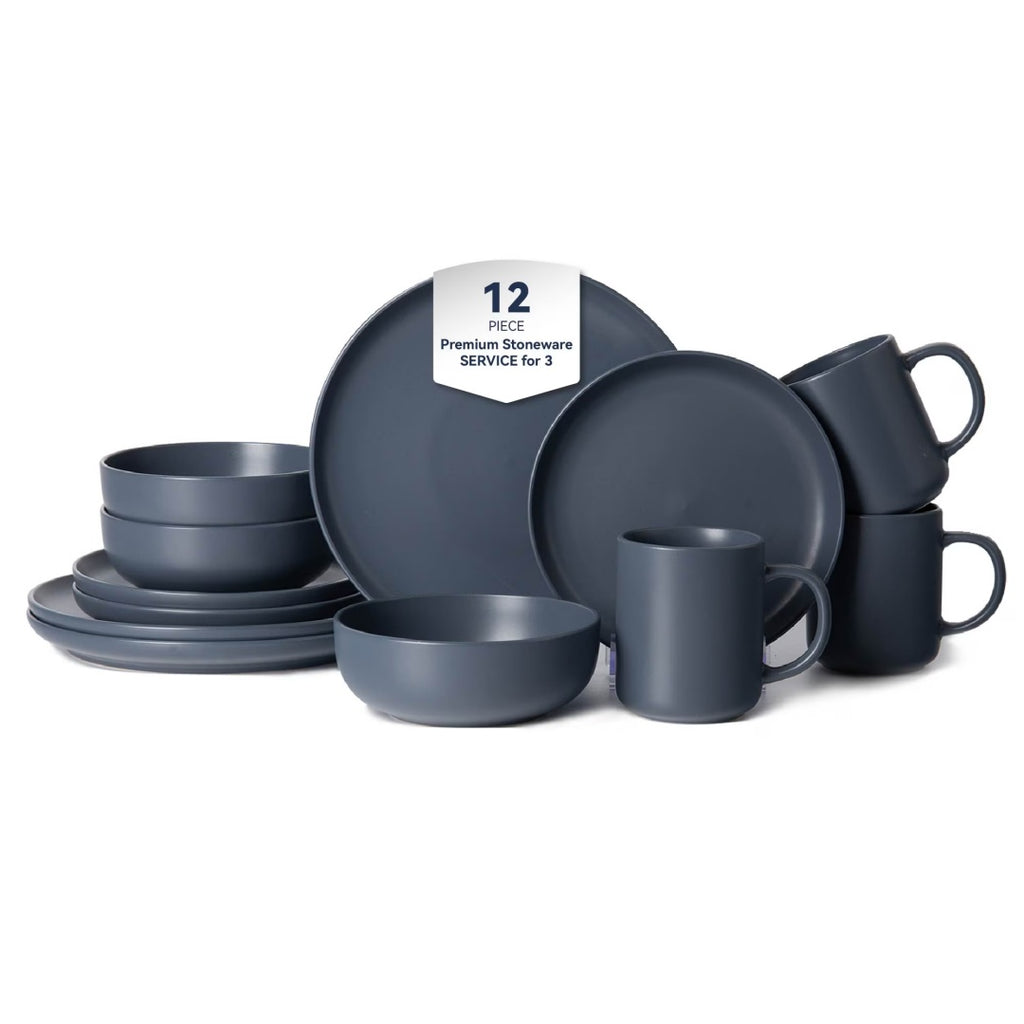 12-Piece Stoneware Dinnerware Sets With Mugs  Microwave  Dishwasher Safe  Non-Toxic Dinner Plates Bowls Set Stackable Matte Glaze Kitchenware For 3
