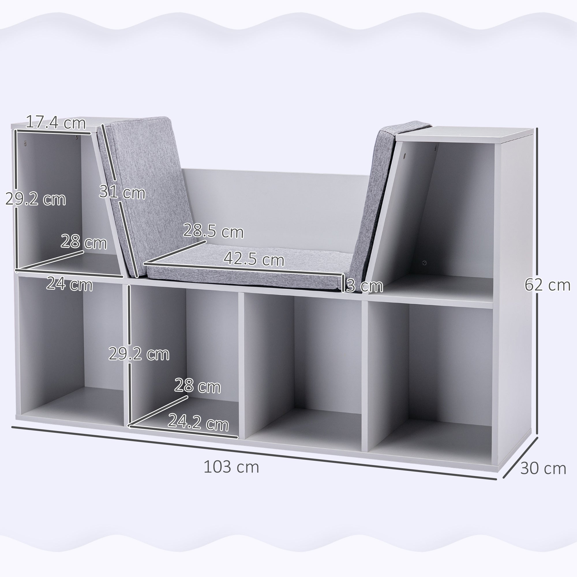 Kids Bookcase Shelf Storage Cabinet Unit, Living Room Sideboard W/ Six Compartments For Toys, Books - Grey