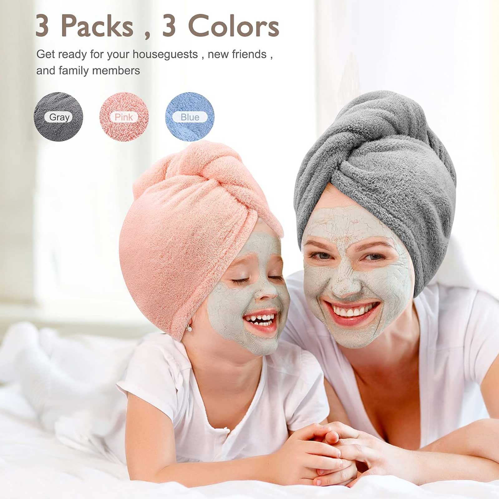 Women 3 PC Microfiber Hair Towel Wrap Ultra Absorbent Hair Turbans For Curly, Long & Thick Hair Blue,Grey,Pink