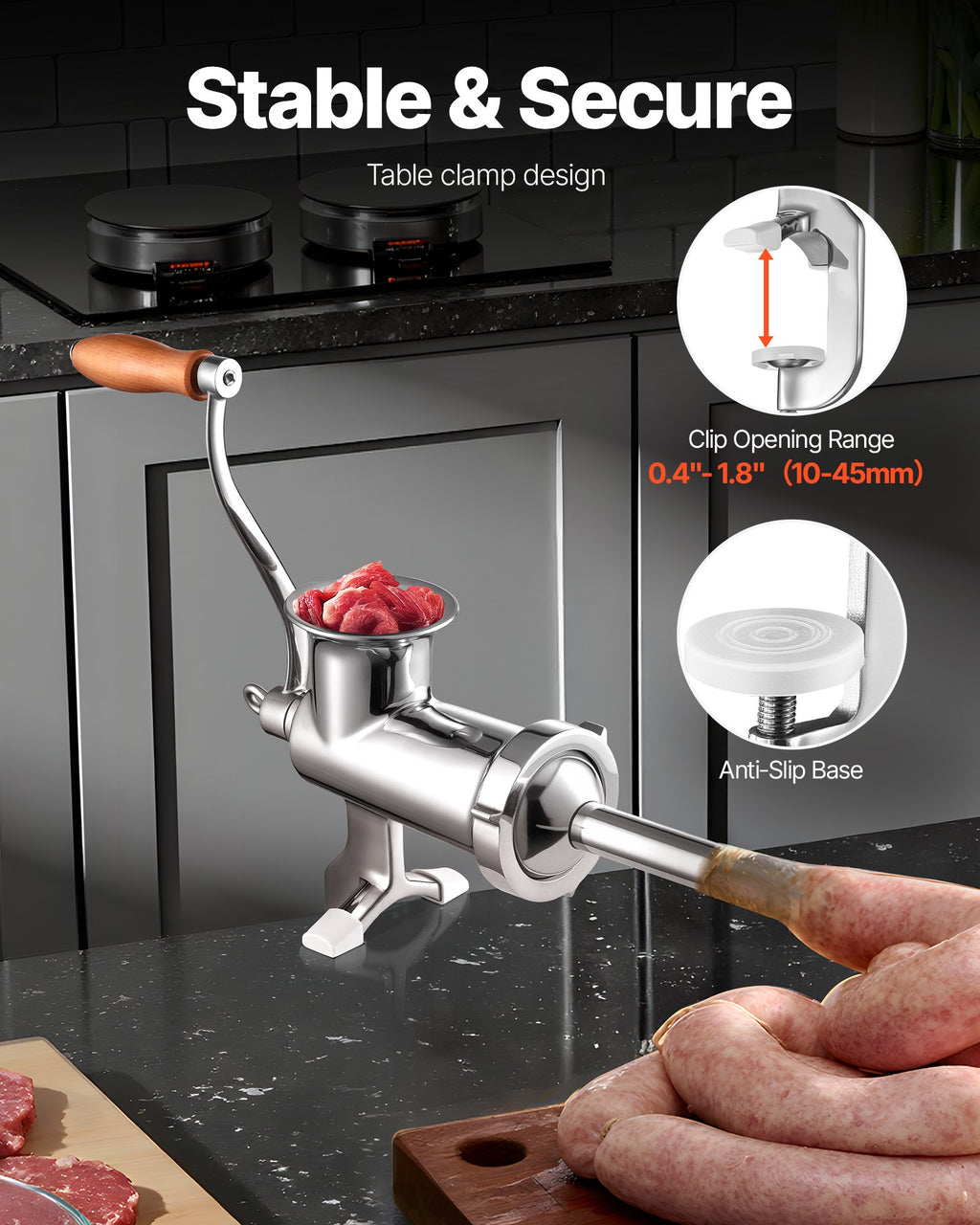 Manual Meat Grinder, All Parts Stainless Steel, Hand Operated Meat Grinding Machine With Tabletop Clamp, 2 Grinding Plates & Sausage Stuffer, Ideal For Home Kitchen Restaurant Butcher’s Shop