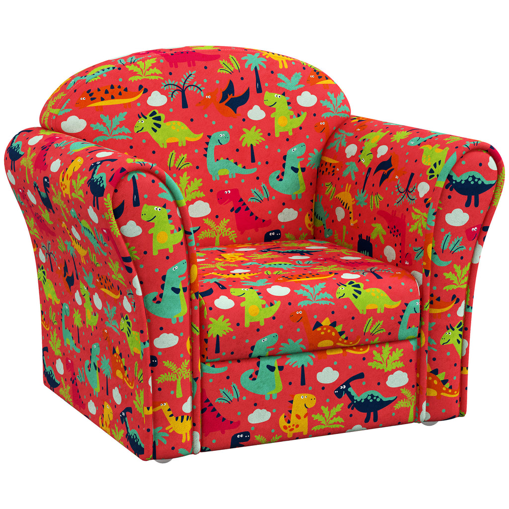 Kids Armchair With Dinosaur Design, Wooden Frame, For Bedroom, Playroom, Kids Room - Red