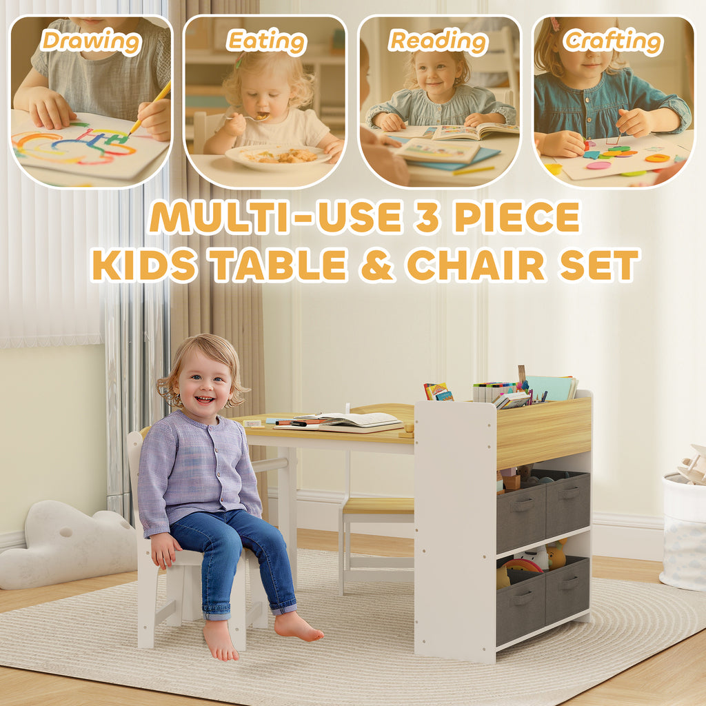 Kids Desk and Chair Set with Paper Roll, Kids Activity Craft Table with Storage Shelves and Drawers, Natural Wood