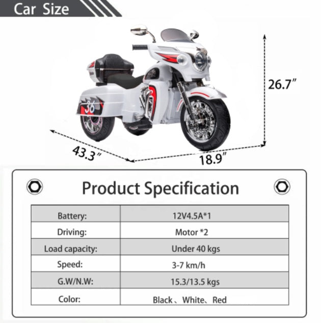 Kids Motorcycle,ride On Motorcycle,Kids Electric Motorcycle 12V Two Seat Motorcycle For Kids, Motorbike For Kids With Key Start 3 Wheels Headlight Storage Box Two Motor Two Seat