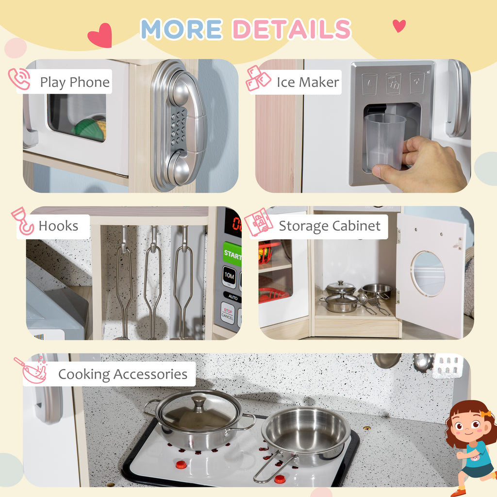 Ultra-Big Corner Kids Kitchen Playset with Sound Effects, Wooden Play Kitchen  with Stainless Steel Cooking Toys, Imaginative Pretend Toy for Ages 3-6 with Phone, Ice Maker