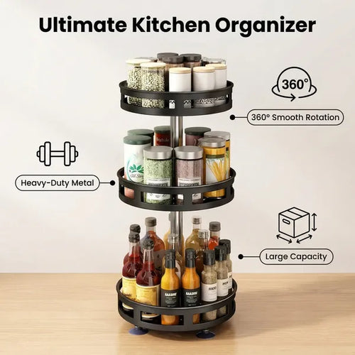 3-Tier Rotating Spice Rack Organizer – Carbon Steel 360° Metal Turntable, Multifunctional Kitchen Seasoning & Condiment Storage Rack, Space-Saving Countertop Spice Jar Organizer