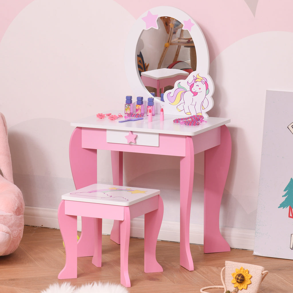 Kids Dressing Table With Mirror, Stool, Pink