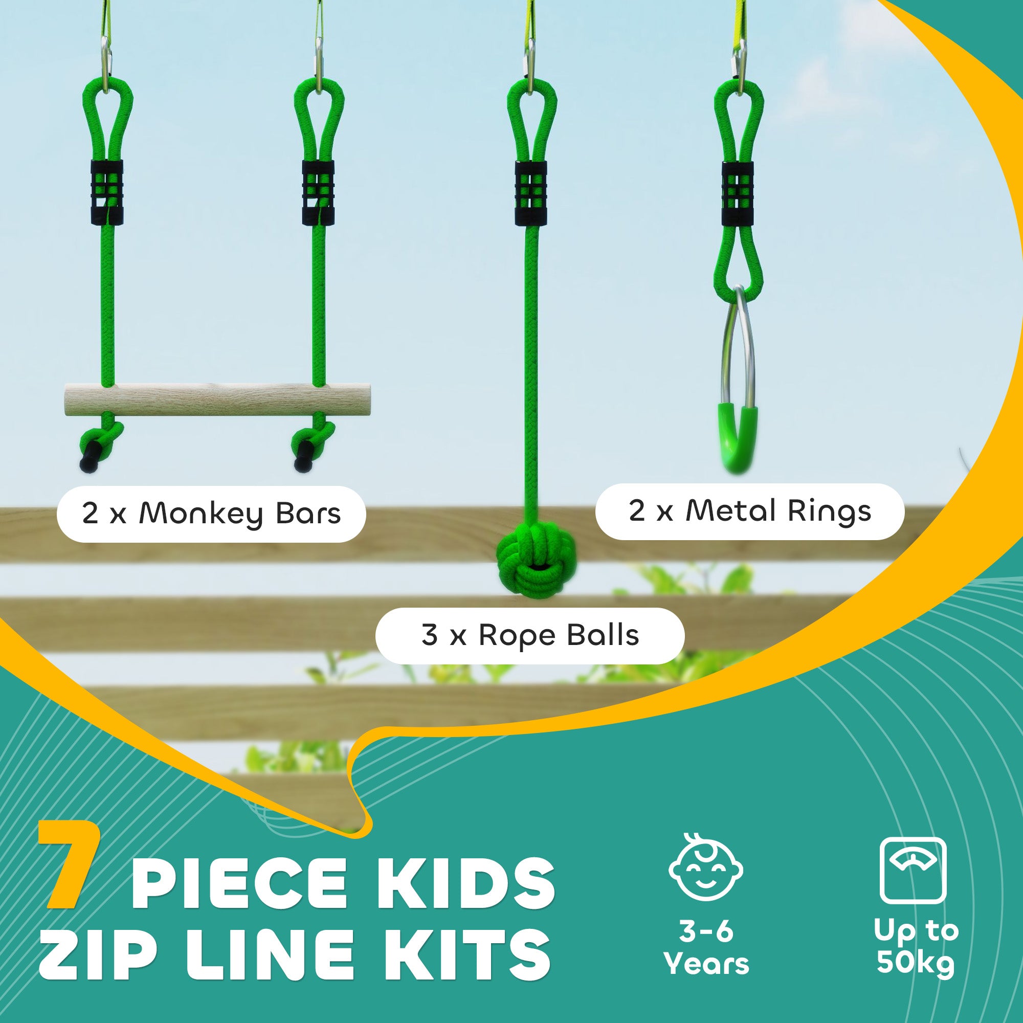 7-Piece Kids Zip Line Kit For Garden, 10m Kids Slackline Kit With Wooden Monkey Bars, Metal Rings, Gripping Balls, Green