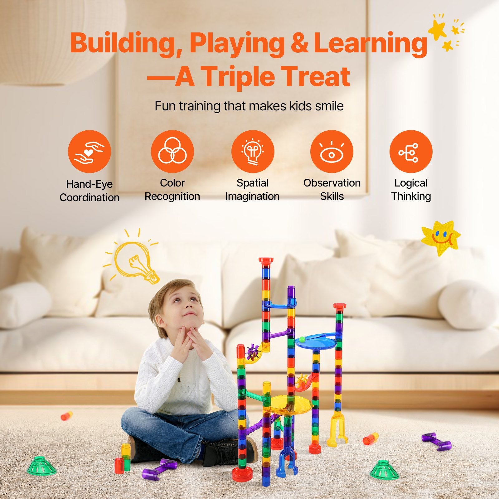 Marble Run Set, 110 Piece Marble Maze Building Block Brain Game, With 10 Glow In The Dark Marbles + 20 Glass Marbles, Educational Learning Race Track STEM Toys, For Kids, Boys, Girls Ages 3 +