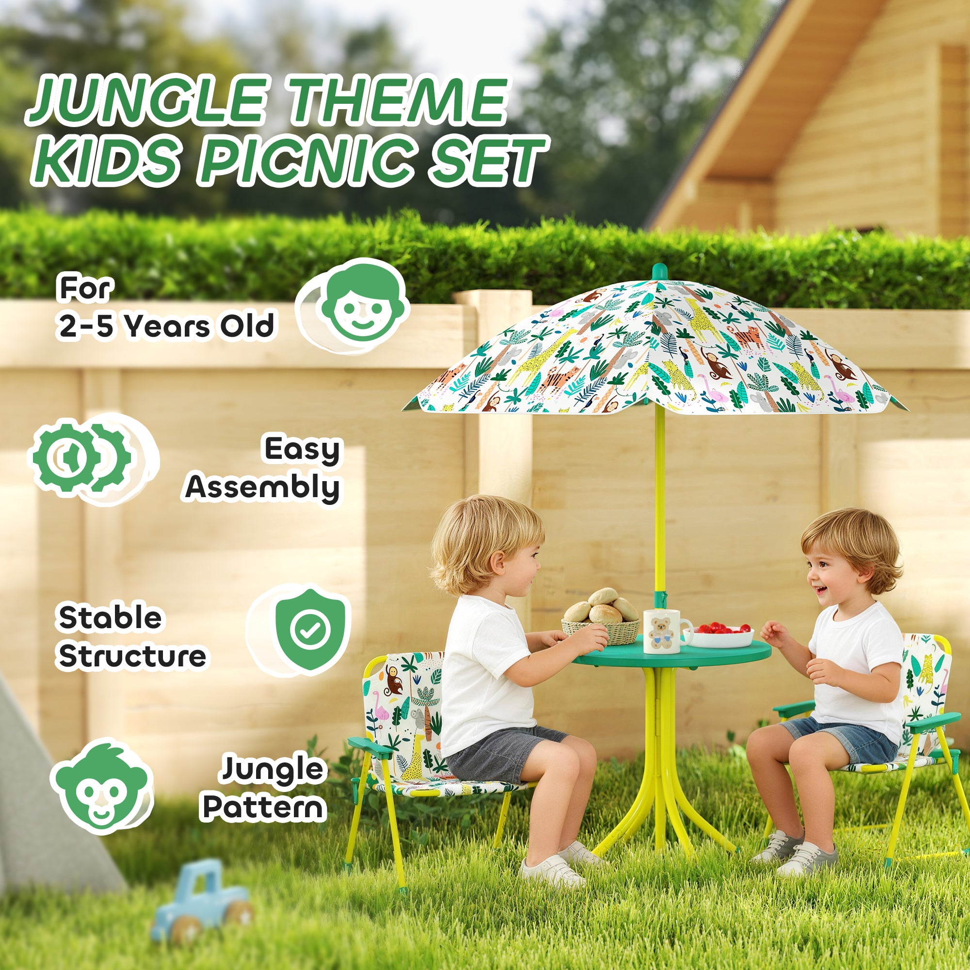 Kids Picnic Table, Kids Table And Chair Set With 2 Folding Chairs And Umbrella For Backyard, Garden, Patio, Green