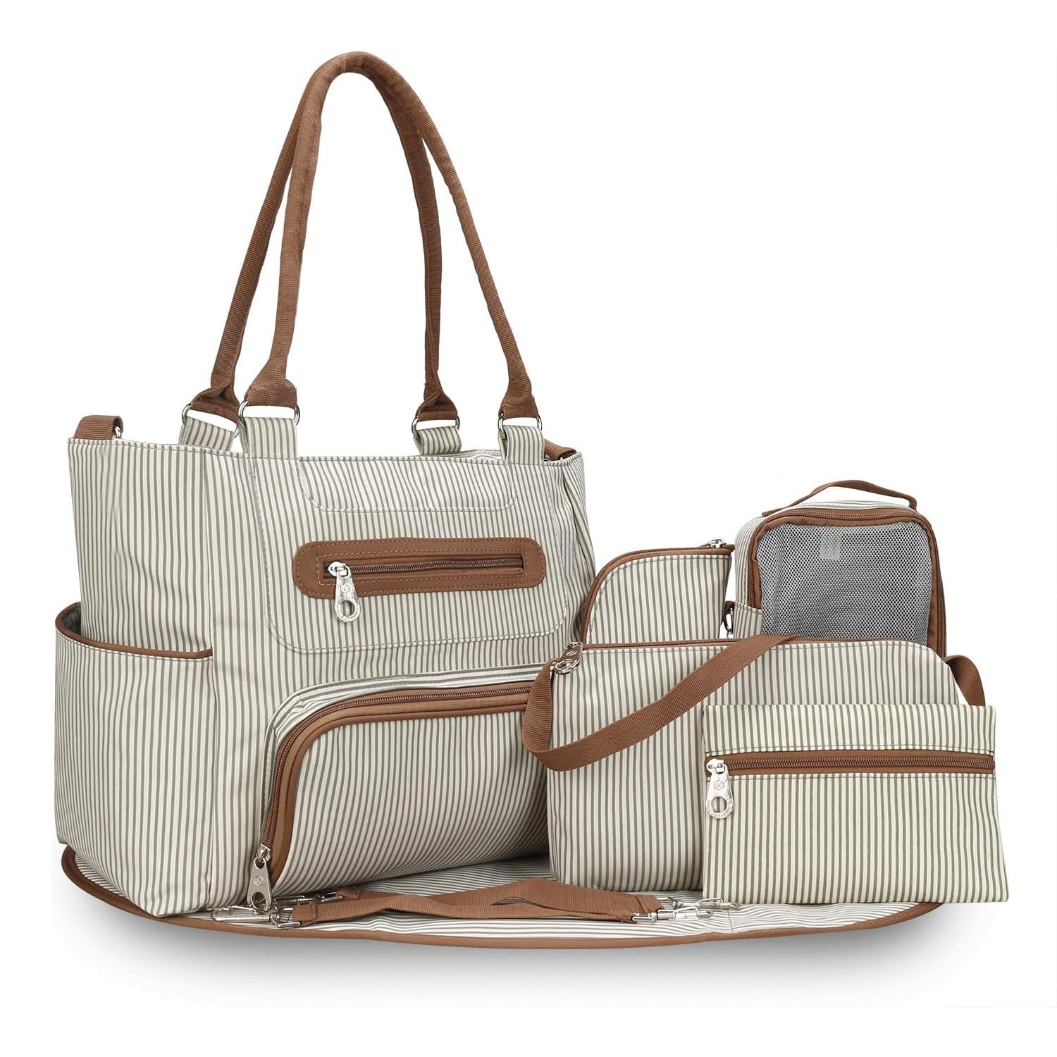 8Pcs Baby Nappy Diaper Bags Set For Mom Dad Mummy Handbags Multifunctional Diaper Changing Bags With Bottle Bag Mesh Bag Purse Diaper Pad 2 Burp Cloths 2 Hook Straps