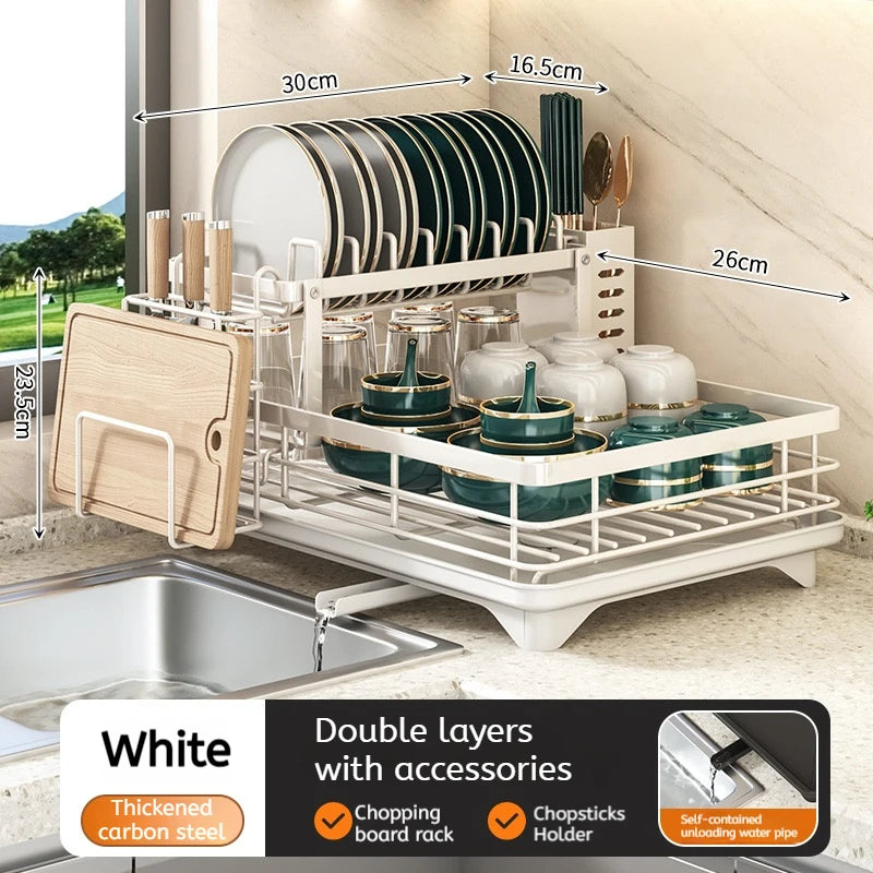 Dish Drying Rack Kitchen Adjustable Steel 2 Tier Plates Organizer Dish Bowl Drainer Storage Rack Kitchen Utensils