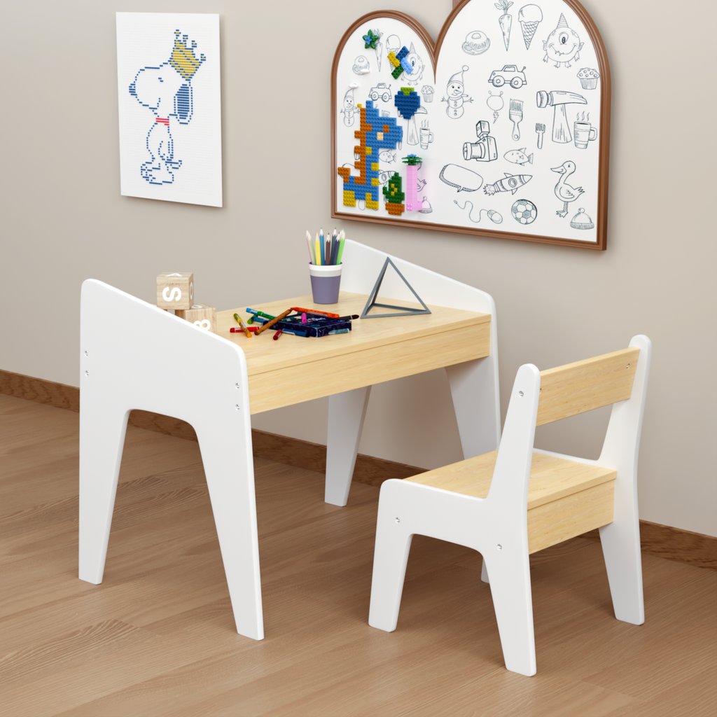 Kids Table Set With One Chair, Wooden Children Study Table, 2-8  Age Kids Funiture , White Natural