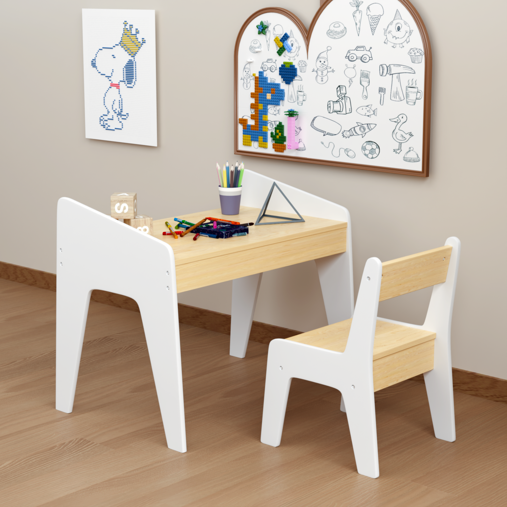 Kids Table Set With One Chair, Wooden Children Study Table, 2-8  Age Kids Funiture , White Natural
