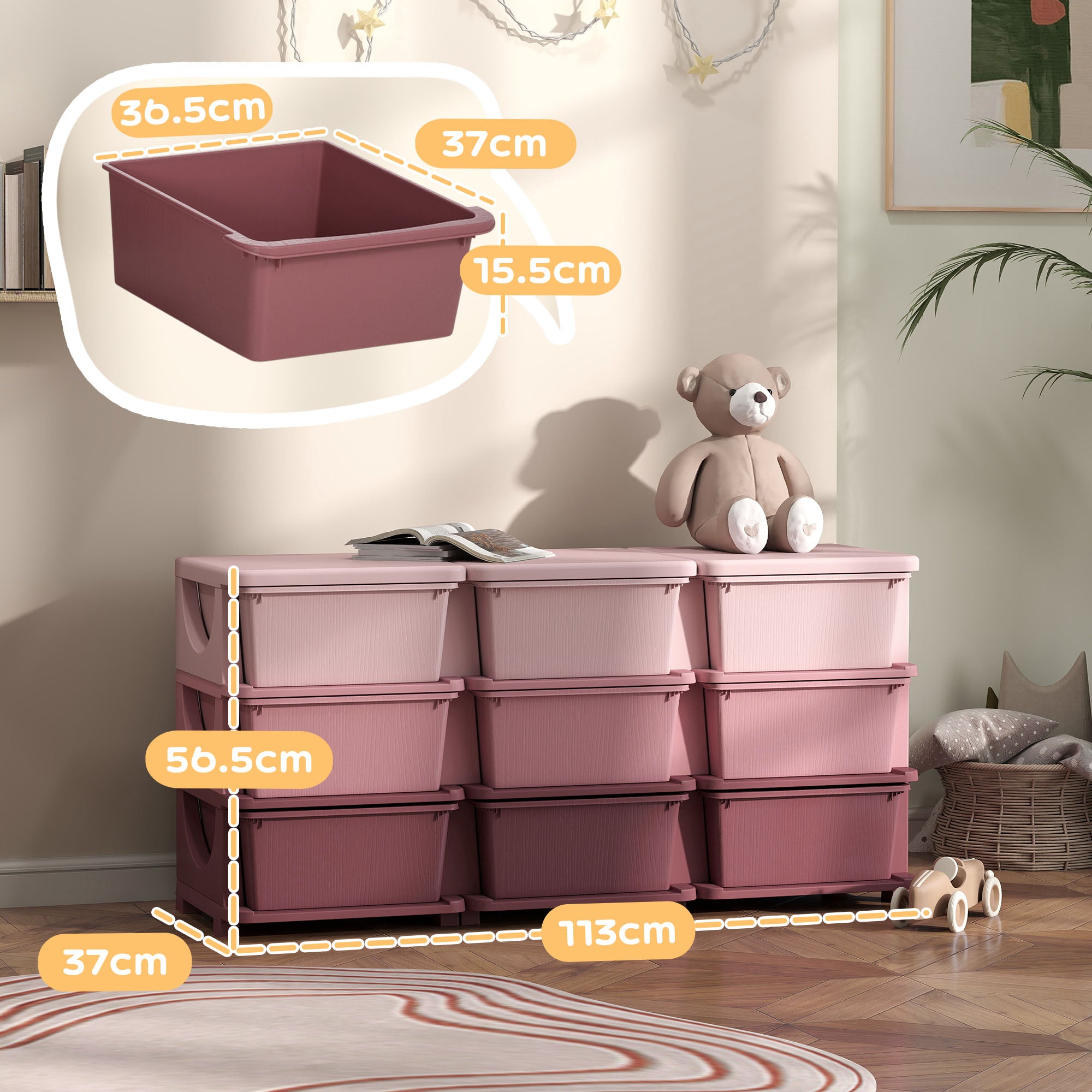 Kids Storage Unit, With Nine Drawers - Pink