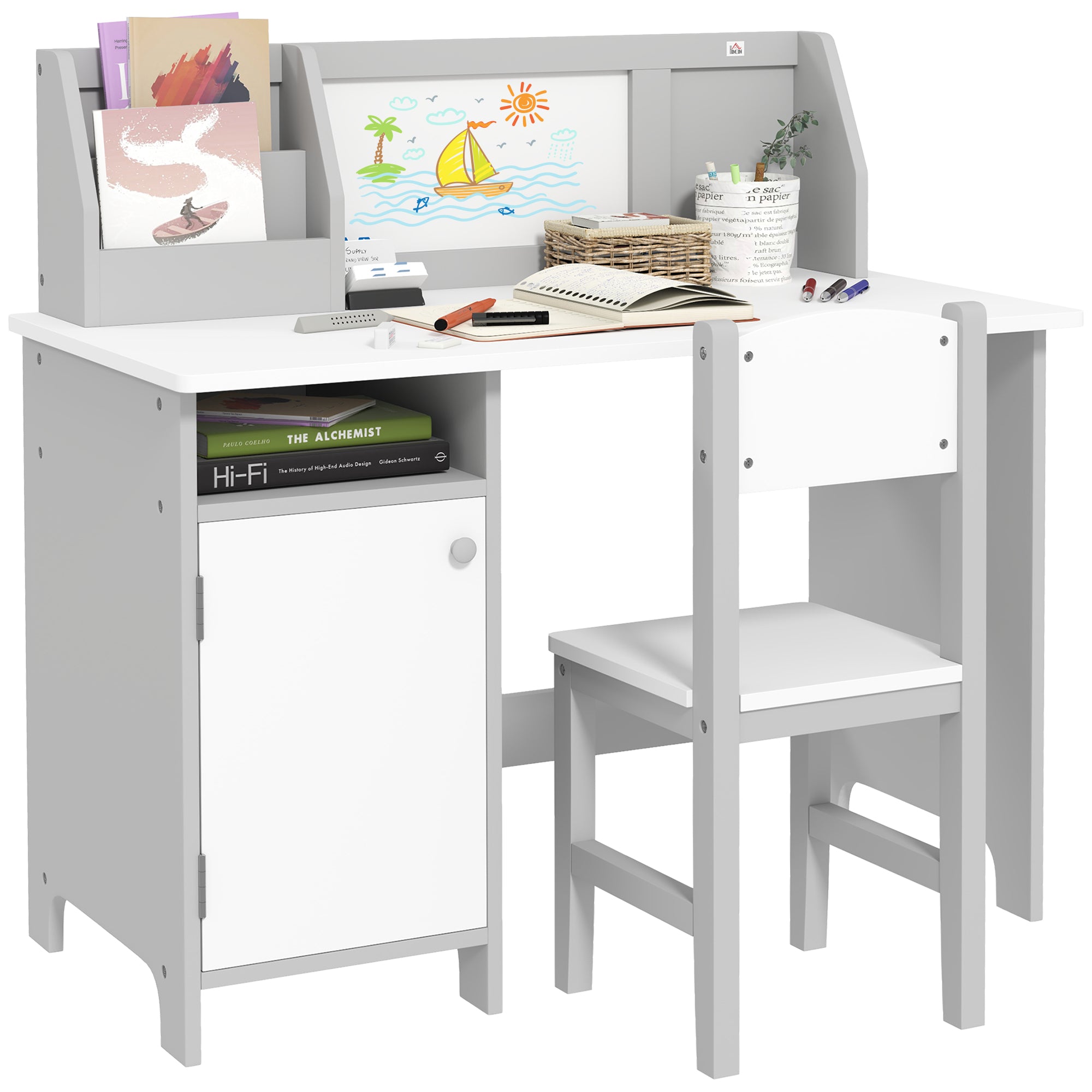 Kids Table And Chair Set W/ Whiteboard - Grey