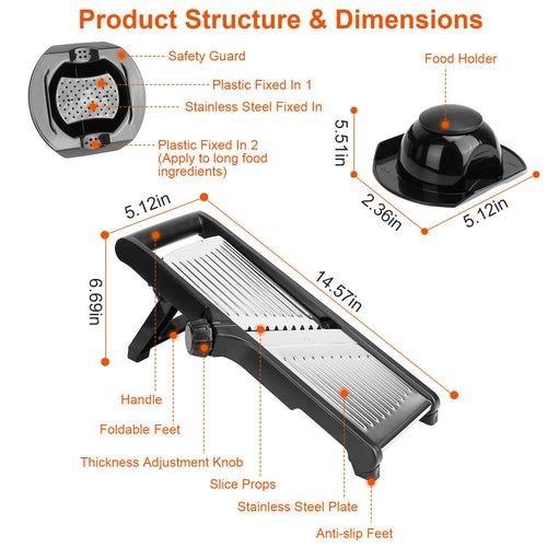 1Pc Mandoline Food Slicer Stainless Steel Food Cutter Vegetable Fruit Chopper Grater Peeler Kitchen Julienne Slicer With 5 Adjustable Blades Food Holder