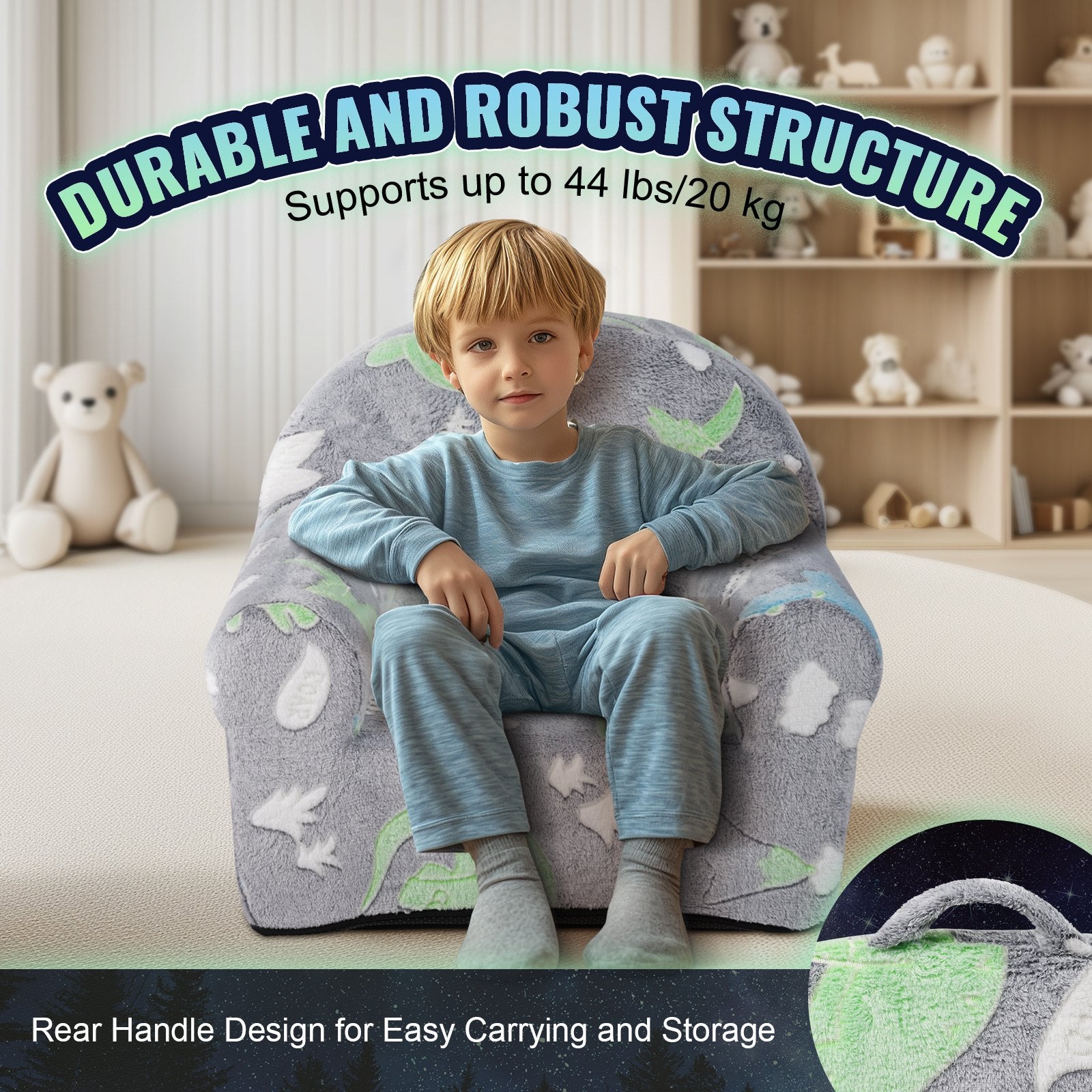 Toddler Chair, Kids Armchair Comfy, Toddler Couch Sofa Bed Glow In The Dark, Kids Chair Seat Playroom Furniture For Kids Girls & Boys, Grey