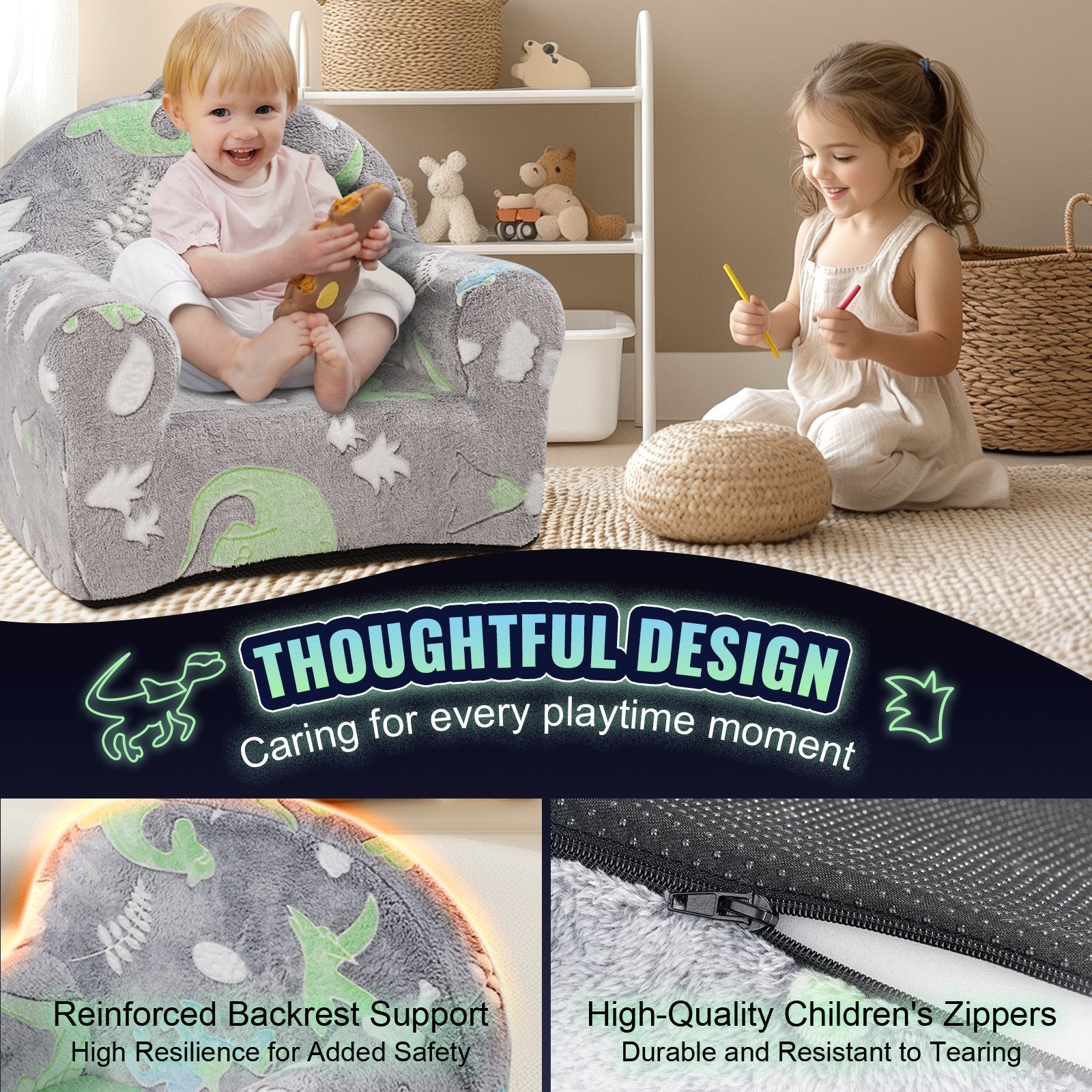 Toddler Chair, Kids Armchair Comfy, Toddler Couch Sofa Bed Glow In The Dark, Kids Chair Seat Playroom Furniture For Kids Girls & Boys, Grey